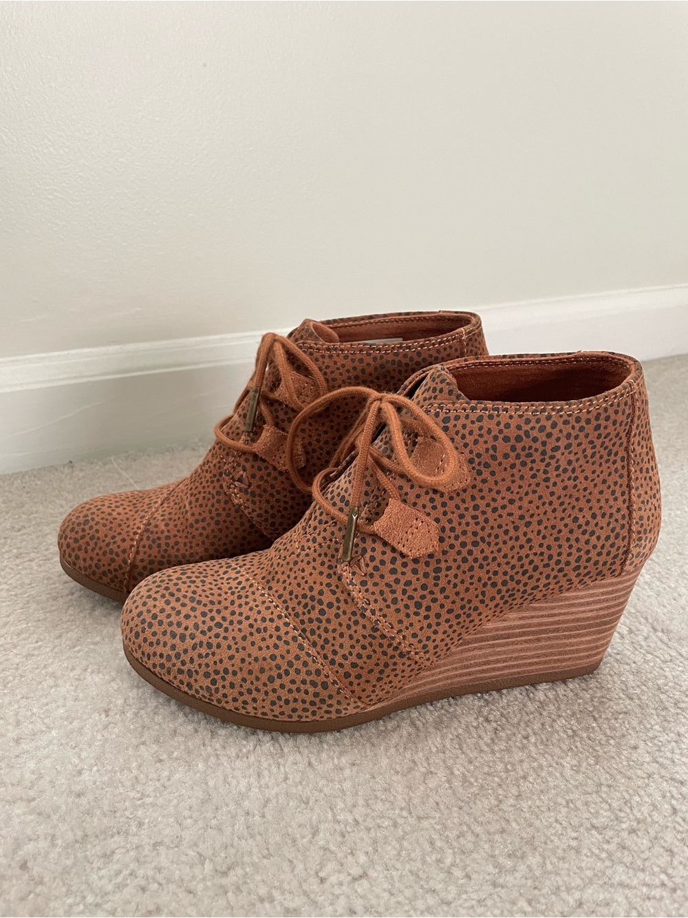 Toms Tan Suede Leopard-Print Wedge Booties